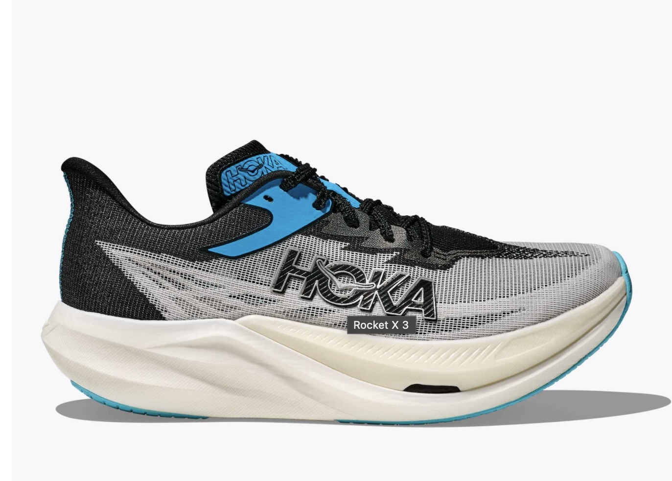 Hoka Rocket X 3 running shoe in bright colorway, showcasing lightweight mesh upper, carbon fiber plate, and sculpted midsole